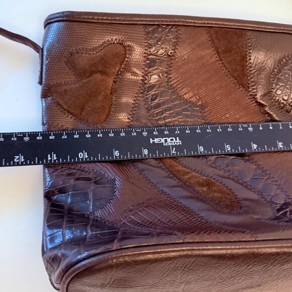 Patchwork Crossbody Bucket Bag Vintage 80s Brown Retro Hobo Purse Exotic Fashion - Picture 9 of 15